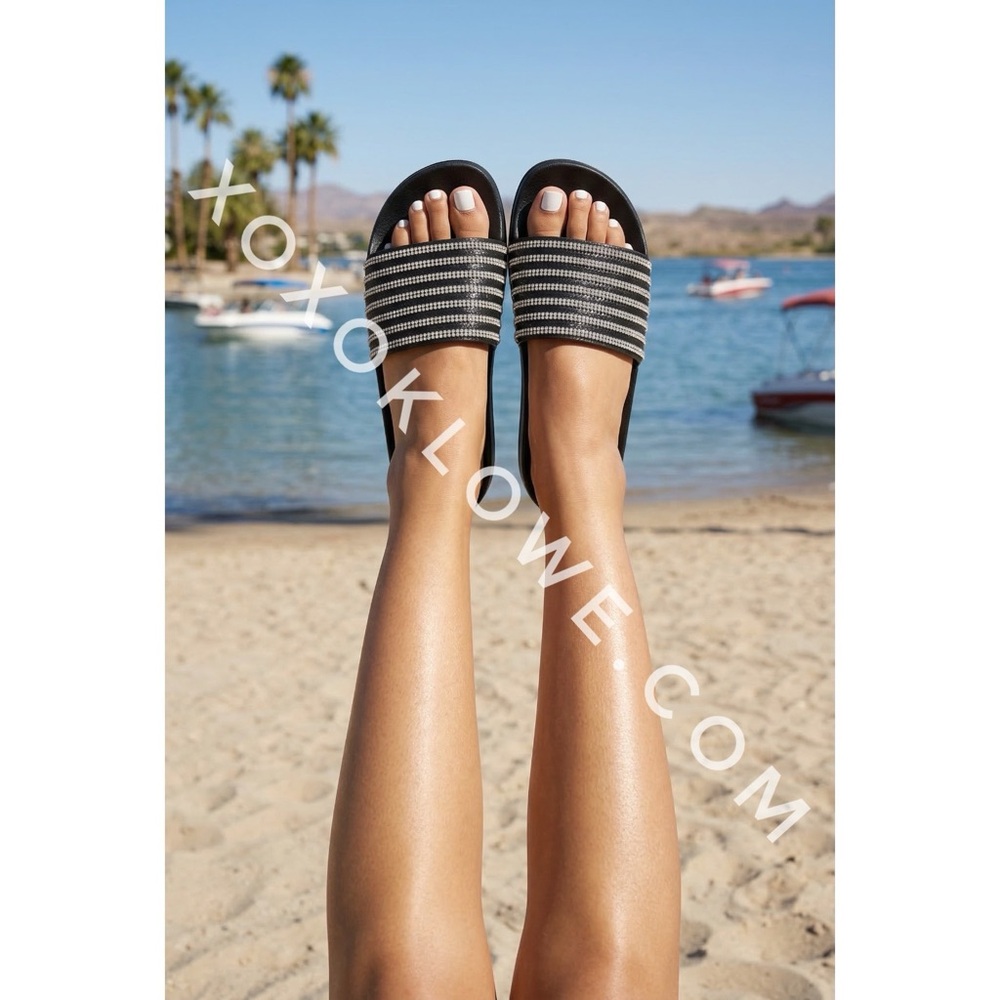 Qupid Black Rhinestone Slide Sandals | Sparkly Slip On Flat - Picture 9 of 9